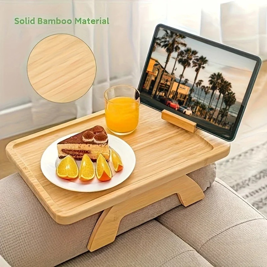 Food Snacks To Eat - Klappbares Holz-Sofatablett mit 360°-Drehfunktion ° Telefonhalter-Essteller,